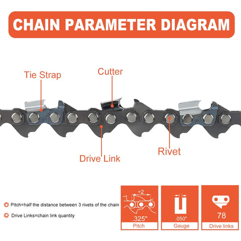 Hipa 20 Inch Chain .325 Pitch .050 Gauge 78 DL For Oregon H78 M78 Husqvarna 235 240 440 136 141 142 Jonsered CS 2255 2250 Chainsaw Full Chisel