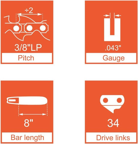 Hipa 8 Inch Chain 3/8 LP .043 34DL For R34 Worx WG310 Ryobi RY43160 Oregon PS250 Black Decker NPP2018 Poulan PR28PS Remington RM2599 Pole Saw #90PX034G