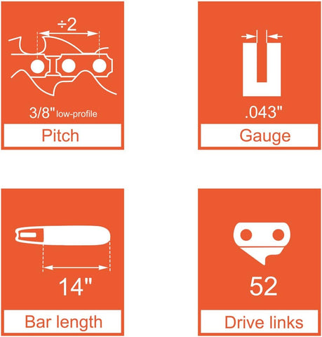 Hipa 14 Inch Low Kickback Chain 3/8 LP .043 52 DL for S52 Worx WG384 Husqvarna H38-52 120i 136Li 436Li EGO CS1401 CS1400 RYOBI RY40502 RY40511 40v Chainsaw