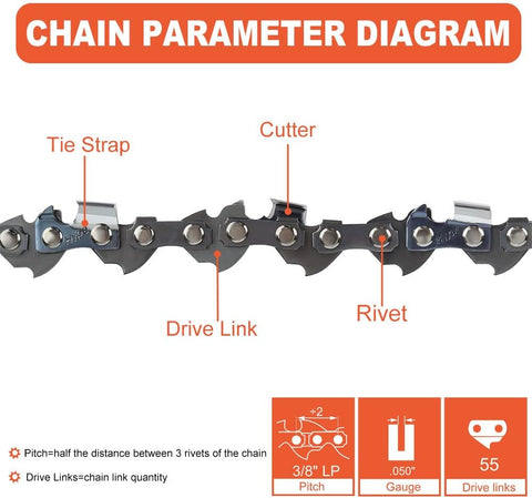 16 Inch Chain 3/8 LP .050 Gauge 55 DL For Sthil MS170 MS180 MS210 MS230 MS250 Chainsaw Replace 91PX055G S55