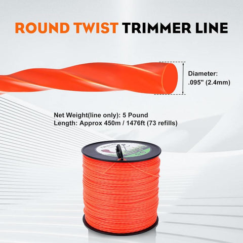 Hipa .095 5-Pound by 1889-ft Trimmer Line Round Twist,Commercial 2.4 mm/095-Inch String Trimmer Line in Spool,Weed Eater String 095 with Line Cutter Orange SOAK for 24H Before Using