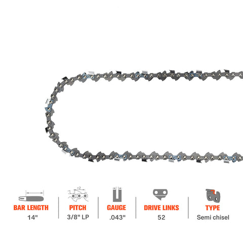 Hipa 14 Inch Low Kickback Chain 3/8 LP .043 52 DL for S52 Worx WG384 Husqvarna H38-52 120i 136Li 436Li EGO CS1401 CS1400 RYOBI RY40502 RY40511 40v Chainsaw