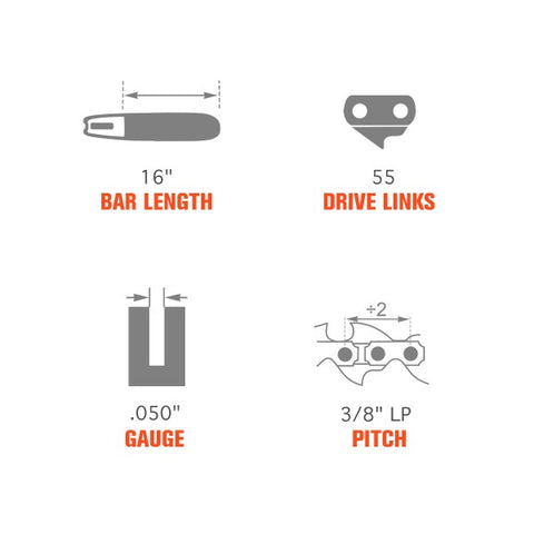 16 Inch Chain 3/8 LP .050 Gauge 55 DL For Sthil MS170 MS180 MS210 MS230 MS250 Chainsaw Replace 91PX055G S55