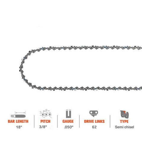 Hipa 18 Inch Chain 3/8 .050 62 DL For Echo CS370 CS400 Poulan Pro 2050 2055 P3818 P3314 P3416 Remington RM4214 RM4216 RM4218 Chainsaw